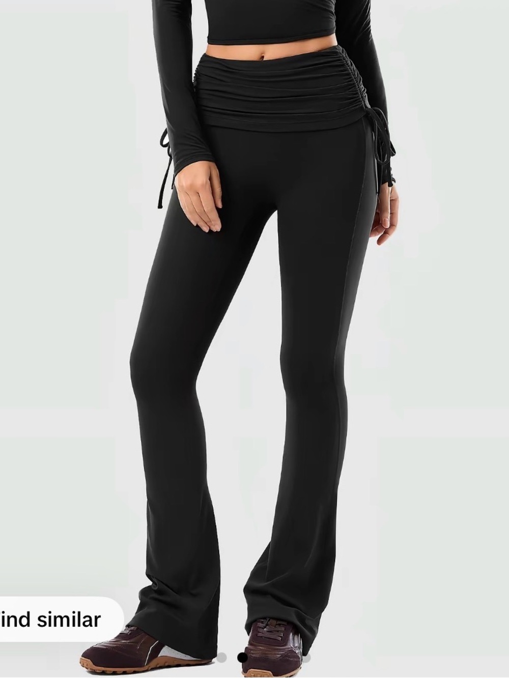 NWT Black Ruched Waist Fold Over Long Flare Yoga Pants XS